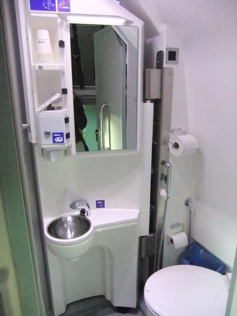 En-suite WC/shower in upgraded Finnish night train compartment (Swedish trains are similar).
